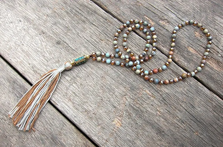 SALE - Jasper Crystal Mix Tassel Necklace with antique Tibetan Bohemian Bead