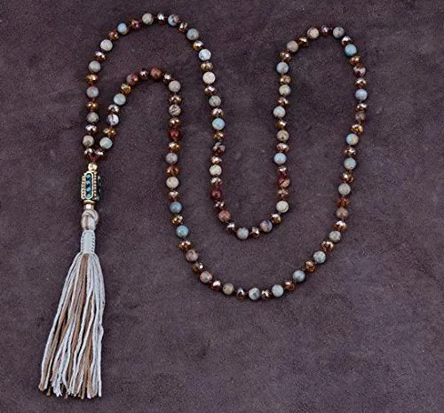 SALE - Jasper Crystal Mix Tassel Necklace with antique Tibetan Bohemian Bead