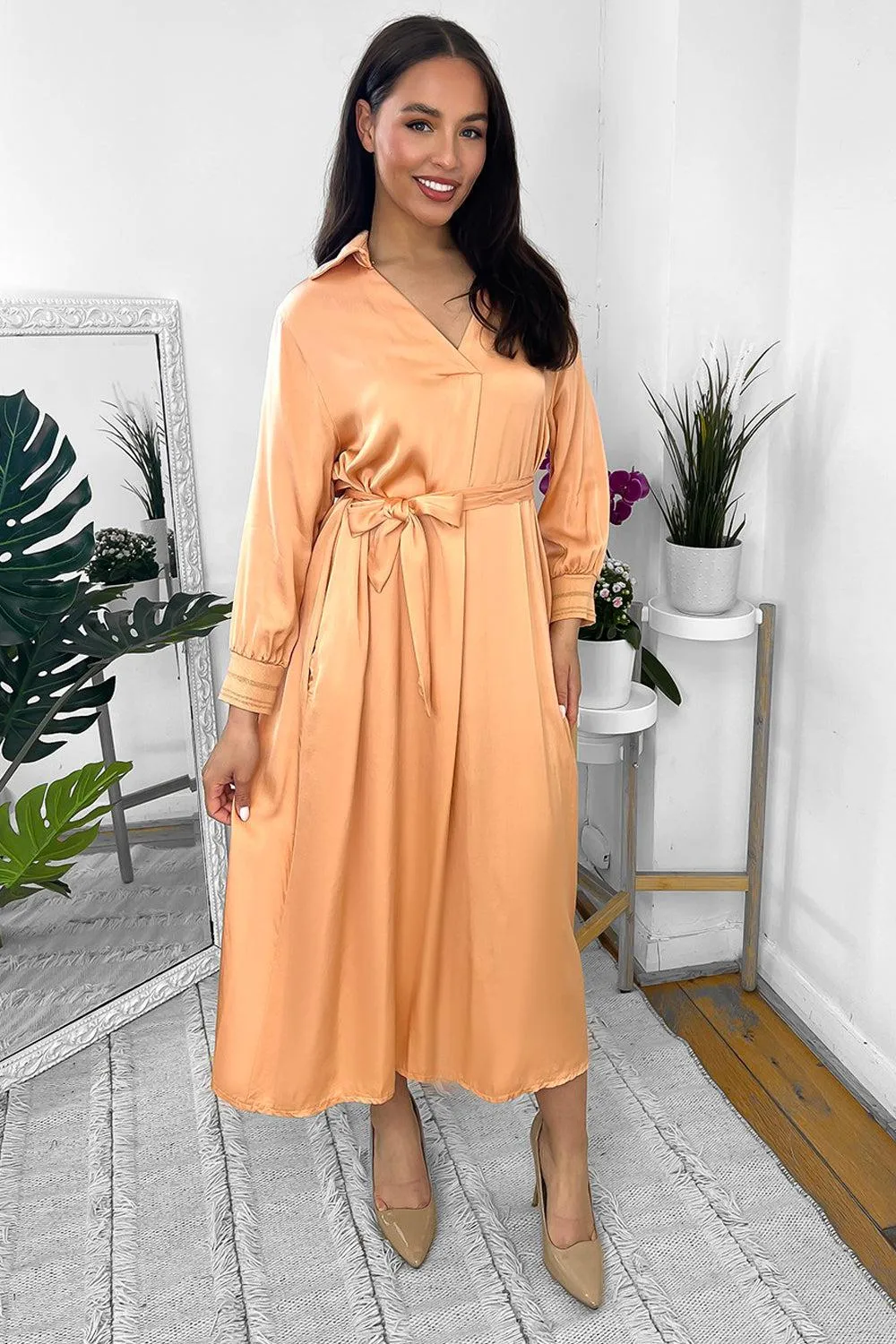 Silk Blend Satin Belted Midi Shirt Dress