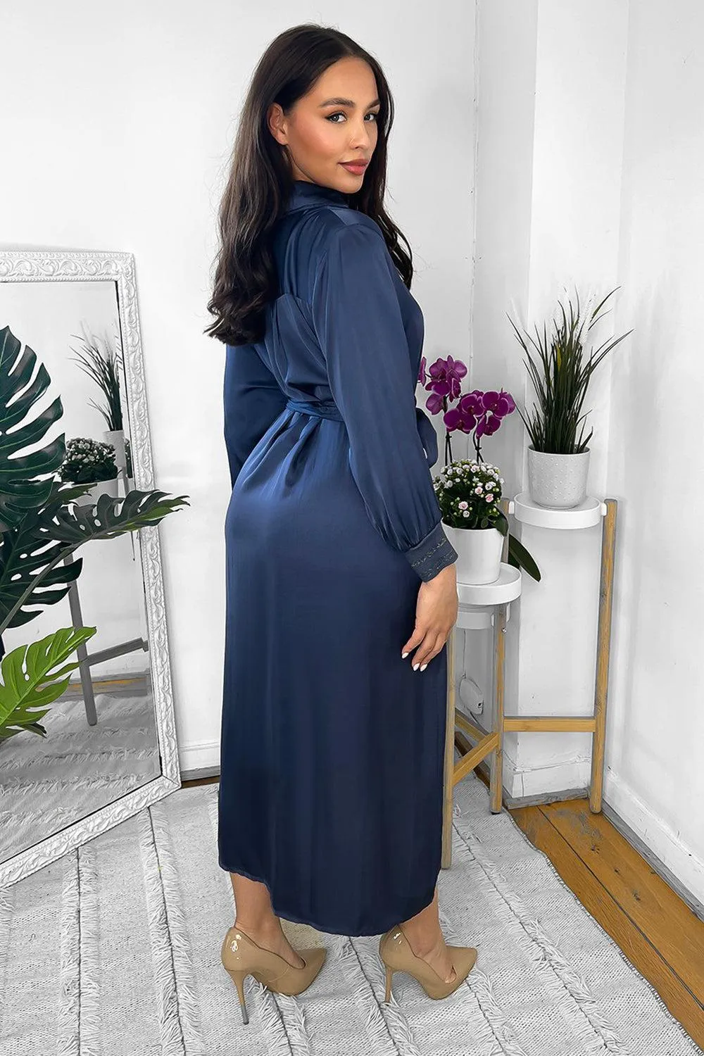 Silk Blend Satin Belted Midi Shirt Dress