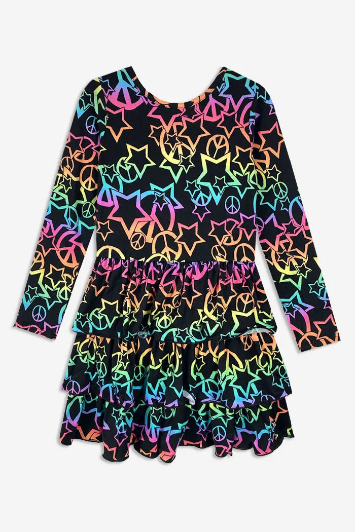 Simply Soft Long Sleeve Triple Ruffle Skirt Dress - Black Ombre Heart Star Peace