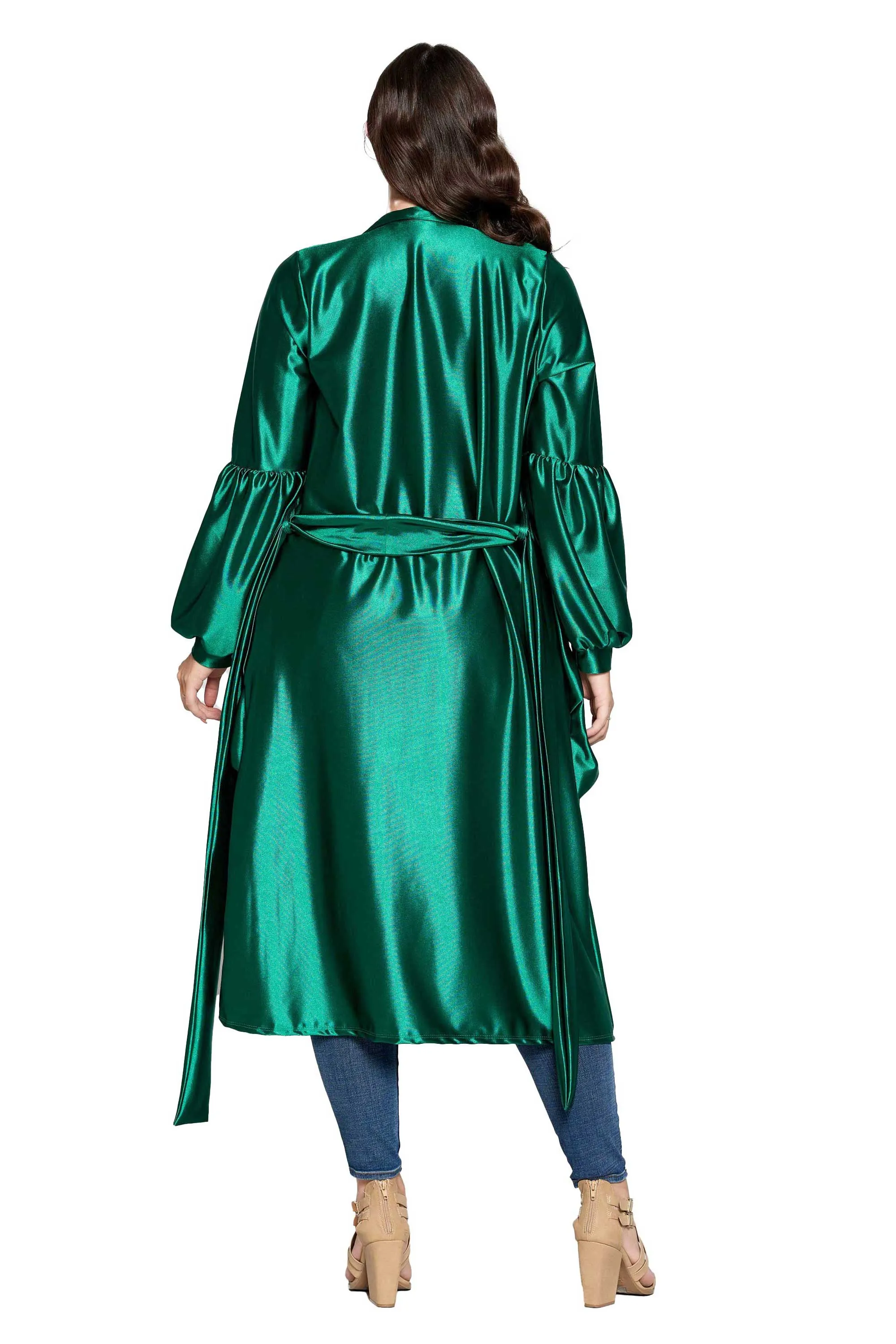 Soft Stretch Satin Belted Tie Coat