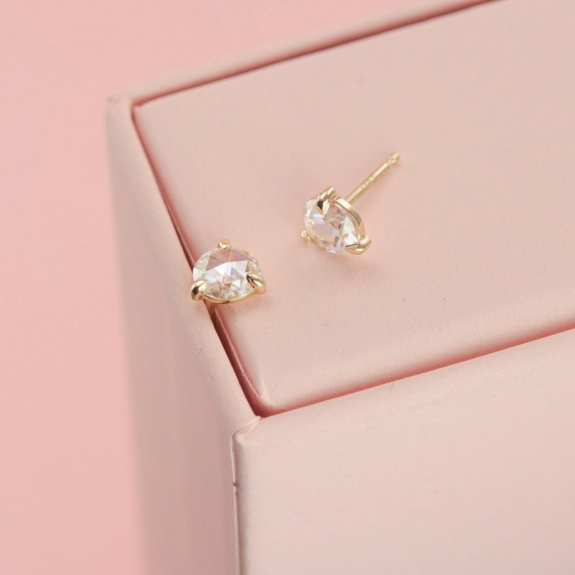 Solid 14K Rose Cut Lab Diamond Studs with Large 5mm Moissanites