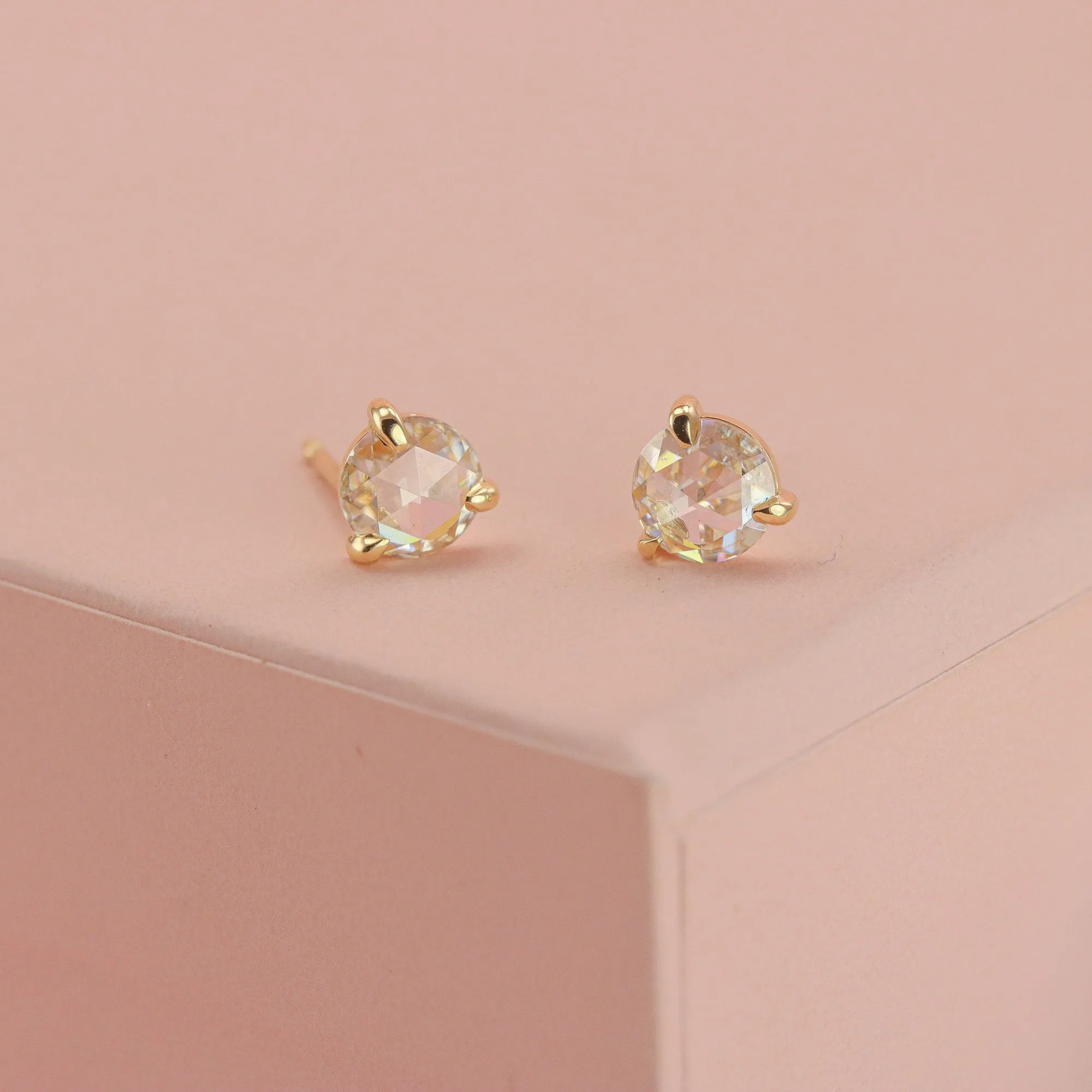 Solid 14K Rose Cut Lab Diamond Studs with Large 5mm Moissanites