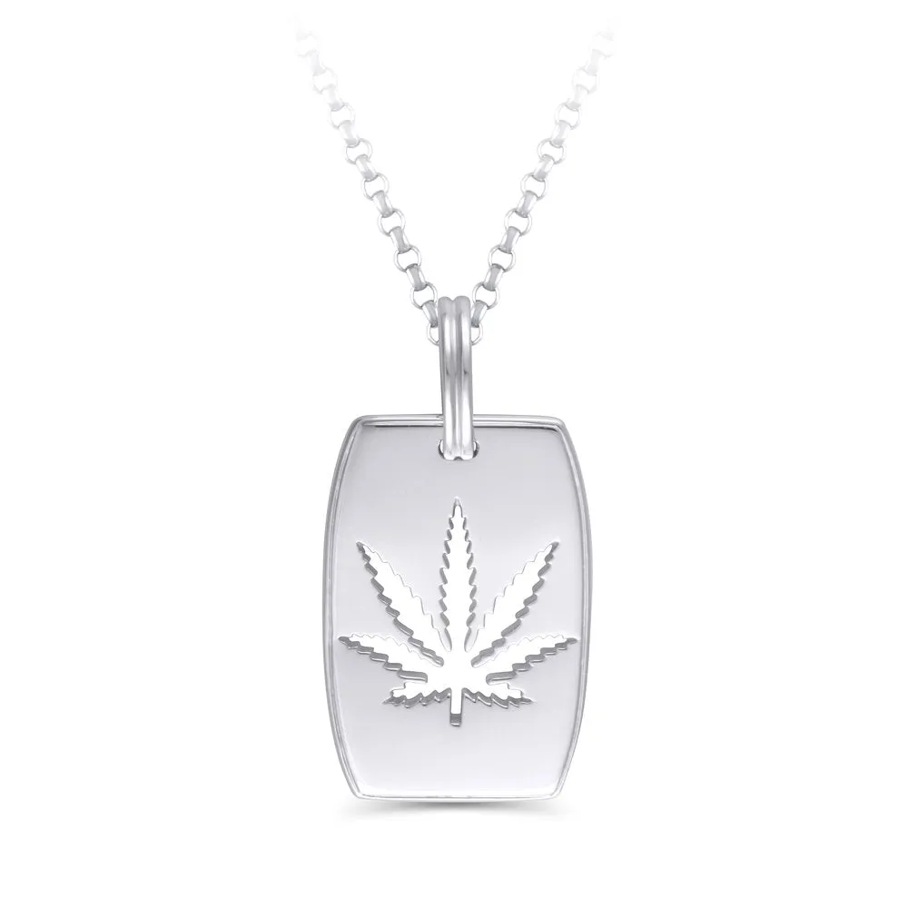 Sterling Silver Sativa Leaf Cutout Pendant Dog Tag