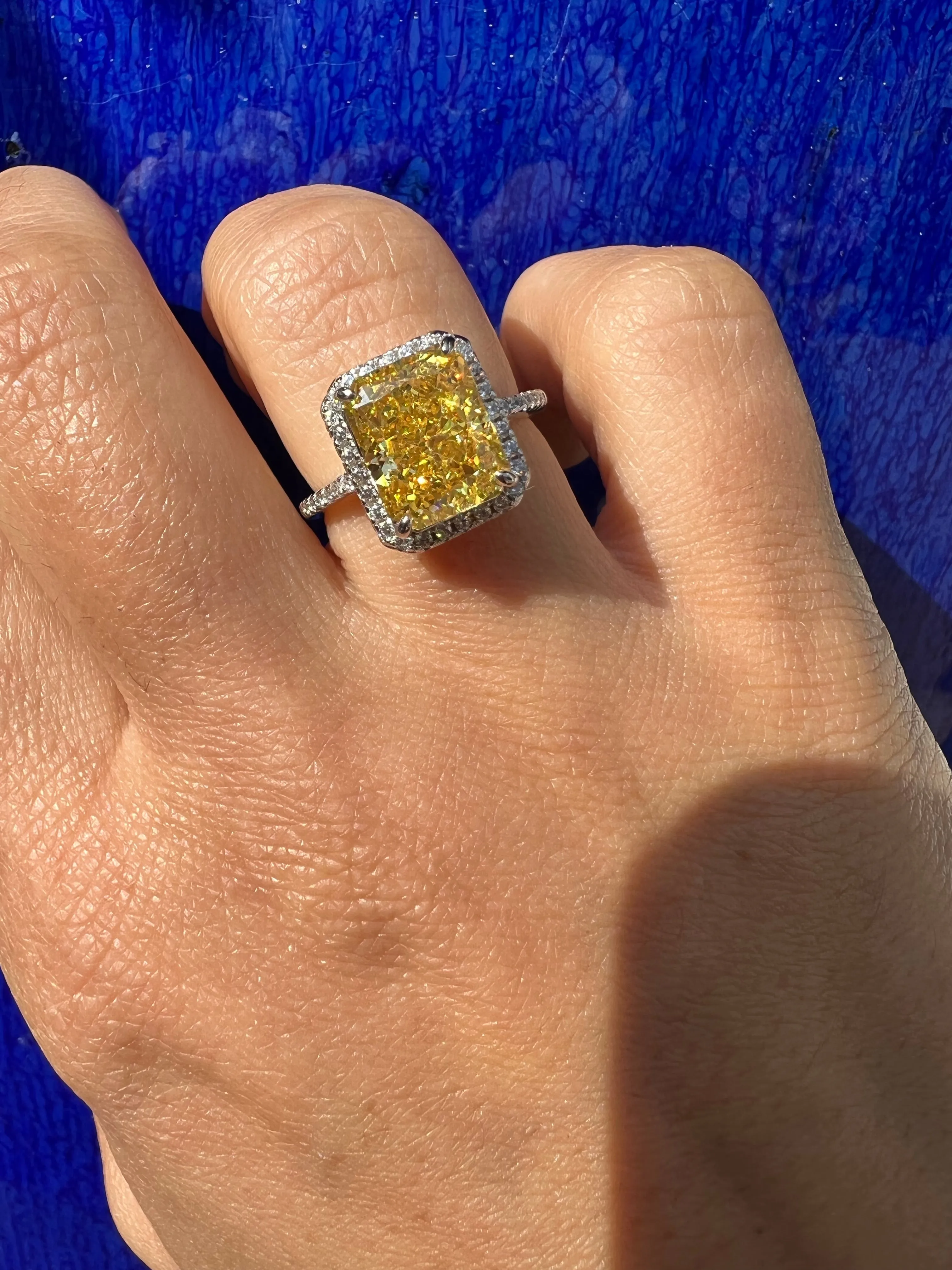 Sterling silver simulated yellow diamond pave halo ring