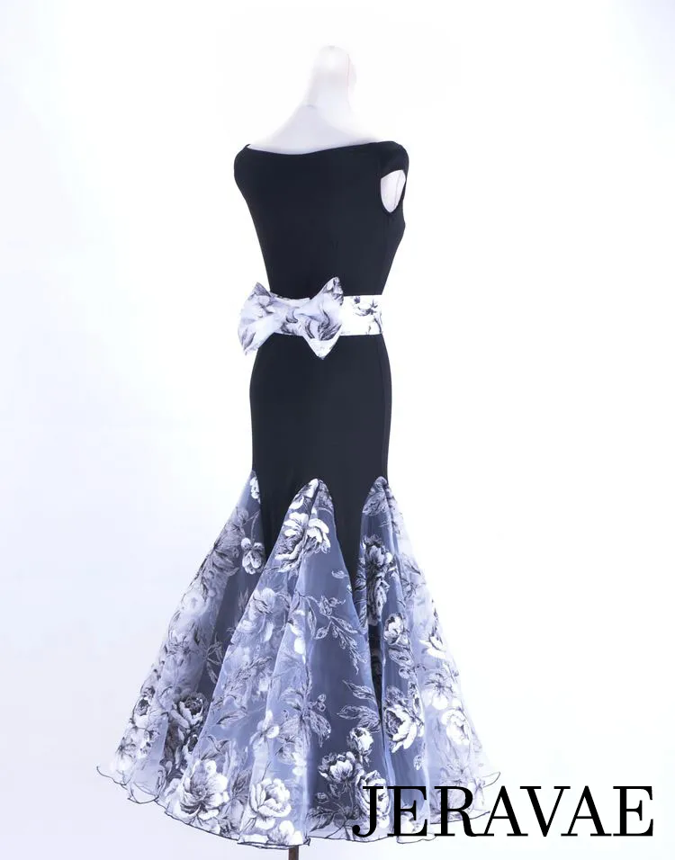 Stunning Black, Silver, and White Floral Ballroom Dress with Black Lycra Bodice and Floral Bow Belt PRA 052_sale