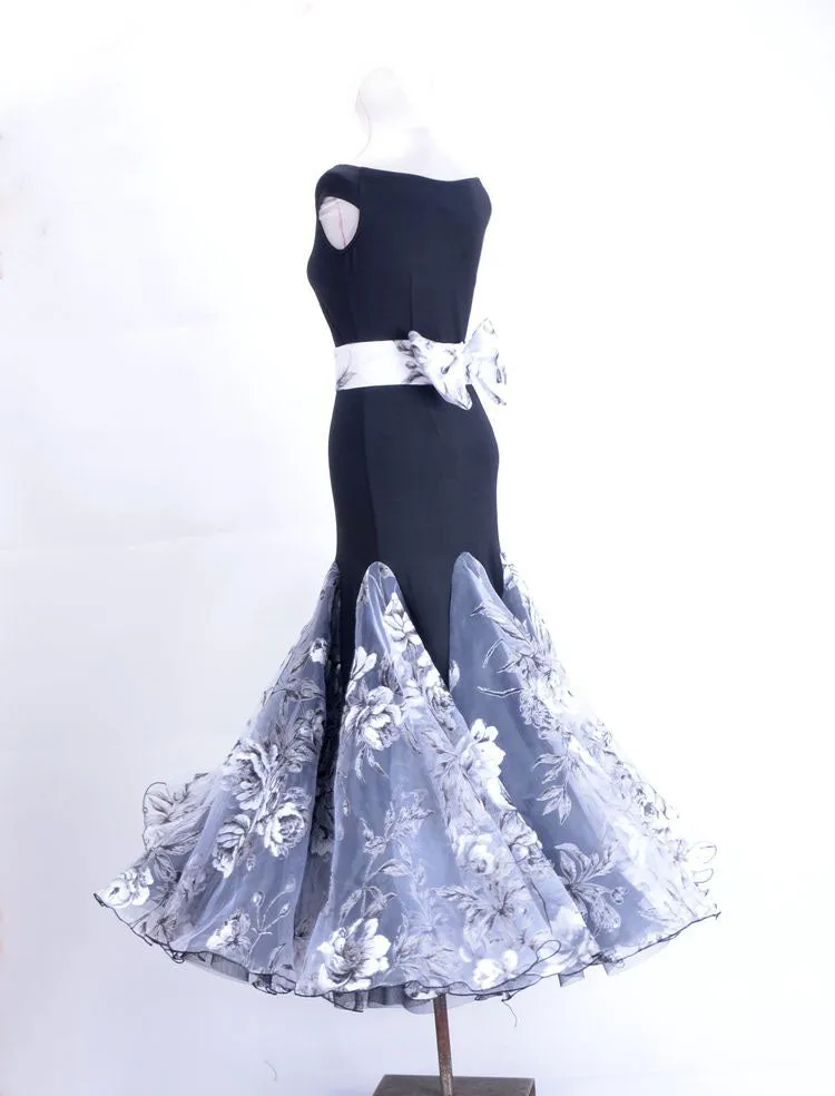 Stunning Black, Silver, and White Floral Ballroom Dress with Black Lycra Bodice and Floral Bow Belt PRA 052_sale