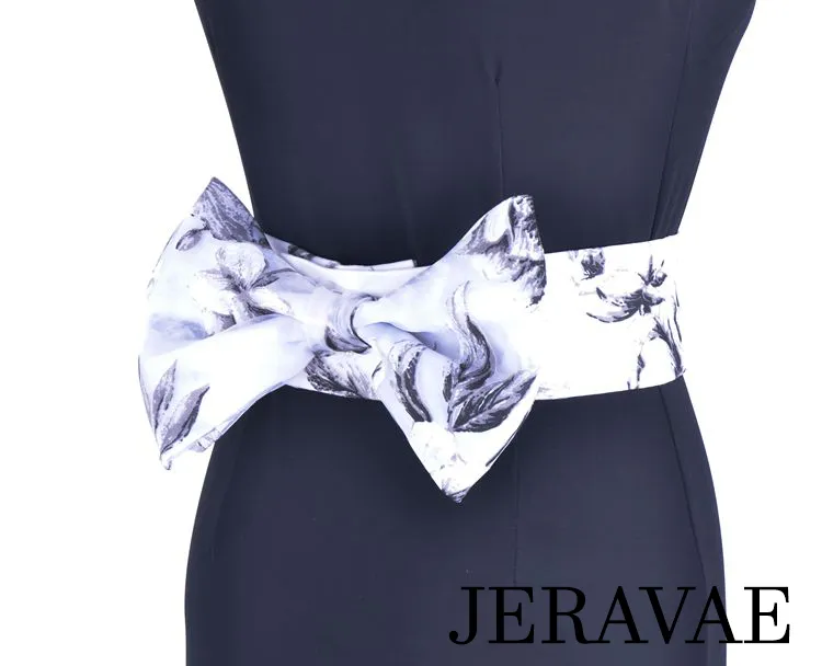 Stunning Black, Silver, and White Floral Ballroom Dress with Black Lycra Bodice and Floral Bow Belt PRA 052_sale