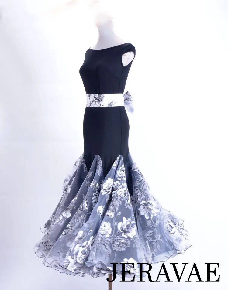 Stunning Black, Silver, and White Floral Ballroom Dress with Black Lycra Bodice and Floral Bow Belt PRA 052_sale