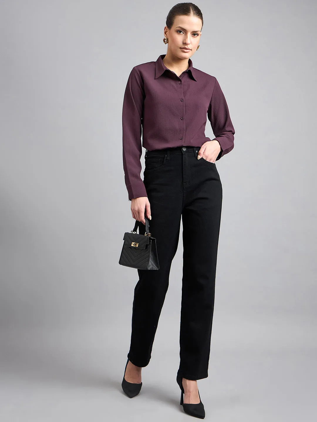 Style Quotient solid textured spread collar shirt with full sleeves