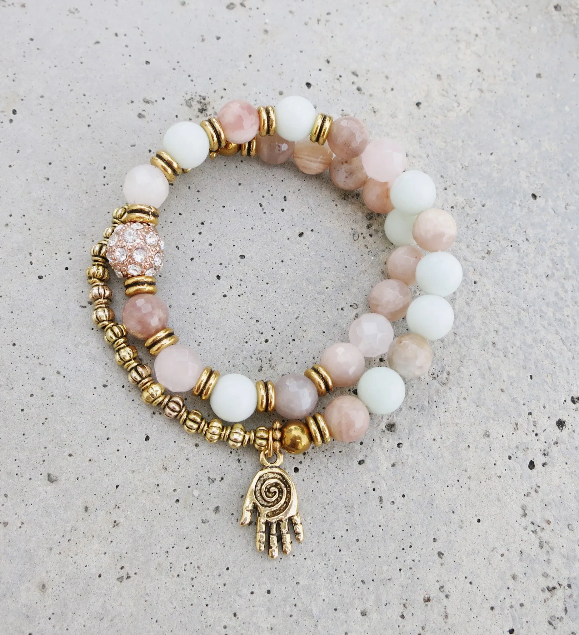 Sunstone Pink Mala Beaded Bracelet with Hamsa Charm