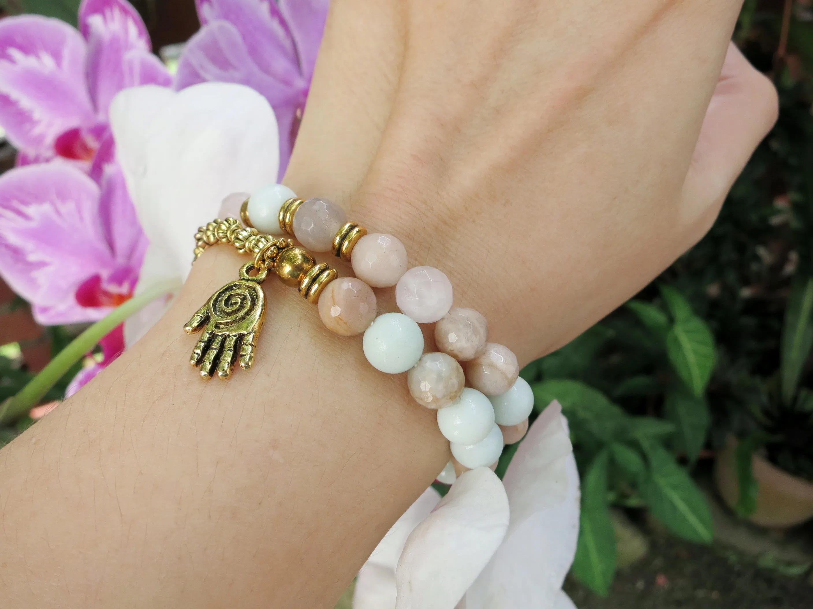 Sunstone Pink Mala Beaded Bracelet with Hamsa Charm