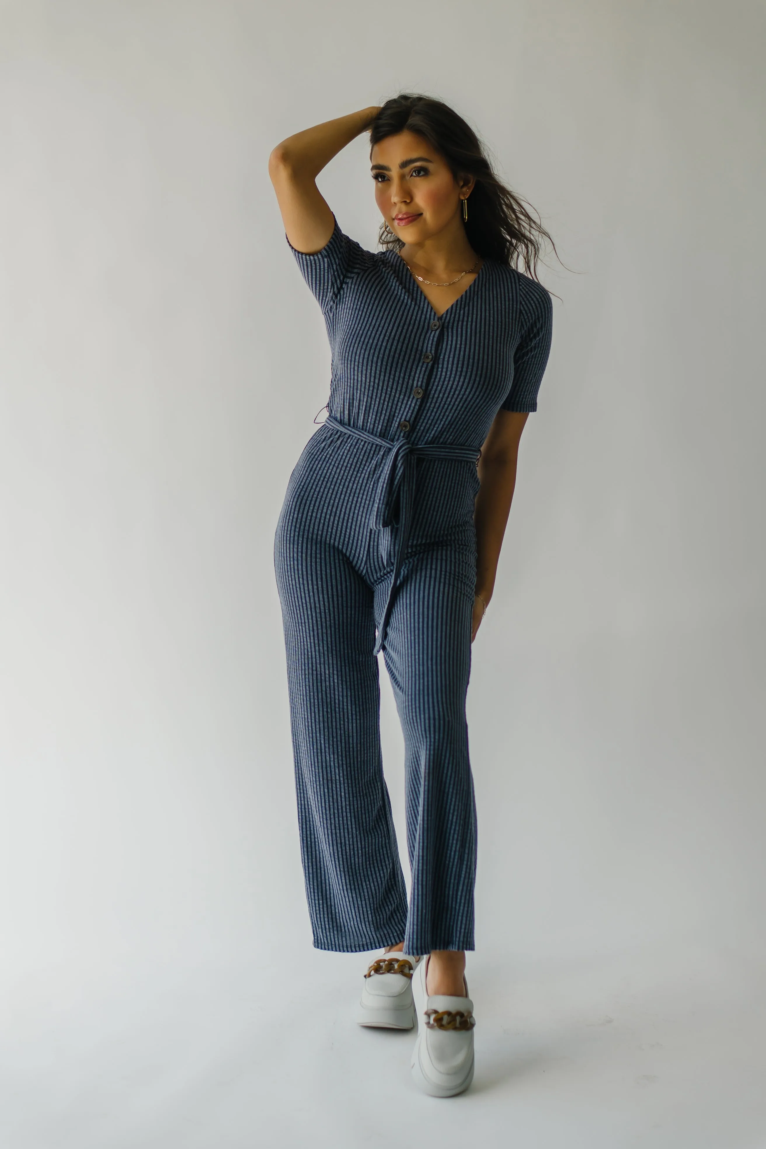 The Susan Belted Jumpsuit in Navy Stripe