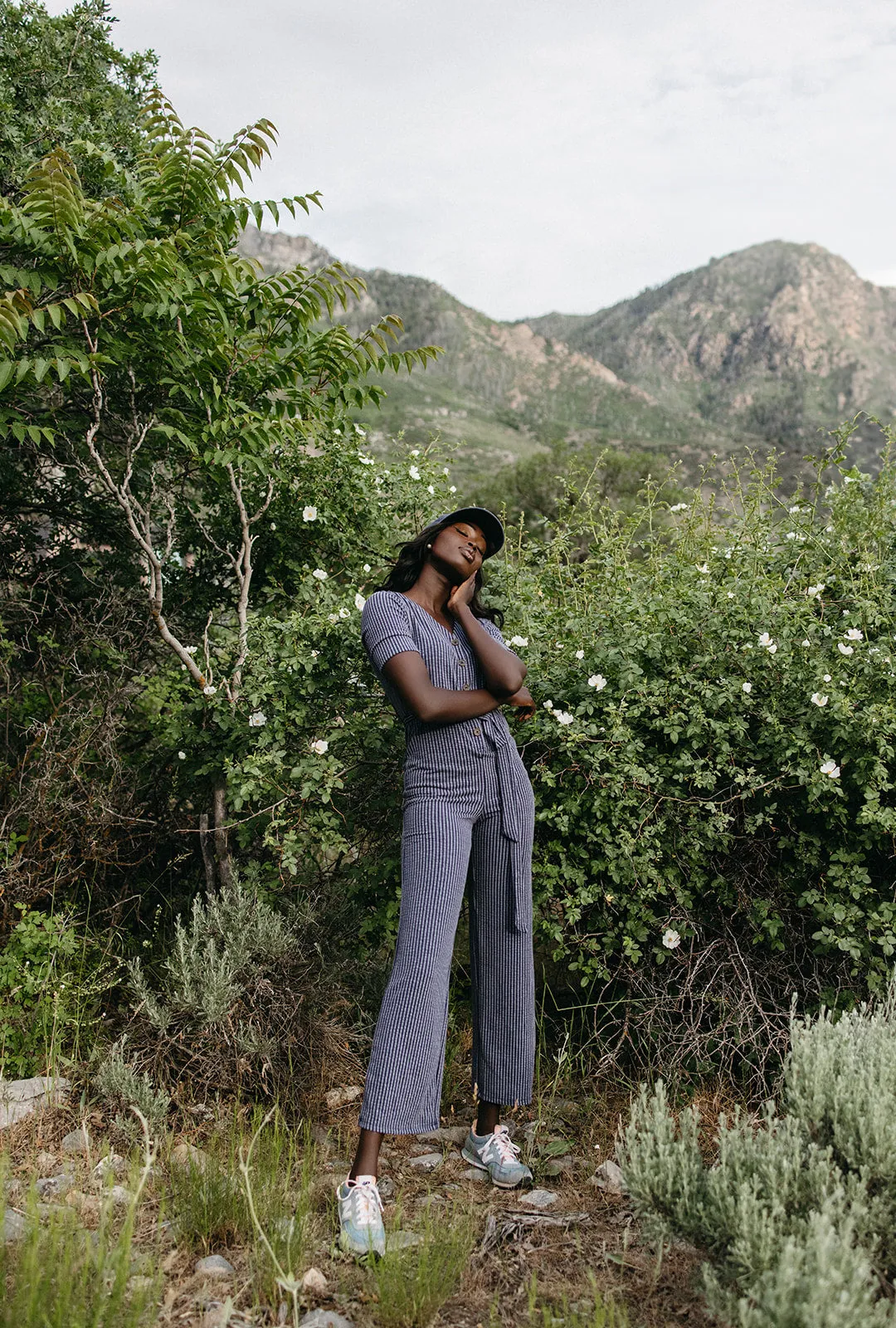 The Susan Belted Jumpsuit in Navy Stripe