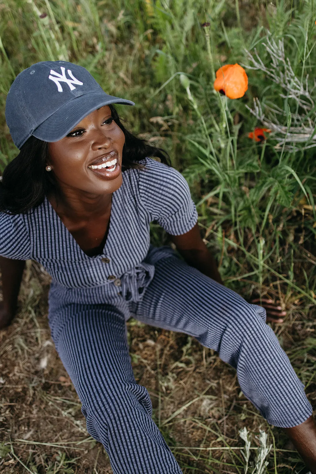 The Susan Belted Jumpsuit in Navy Stripe