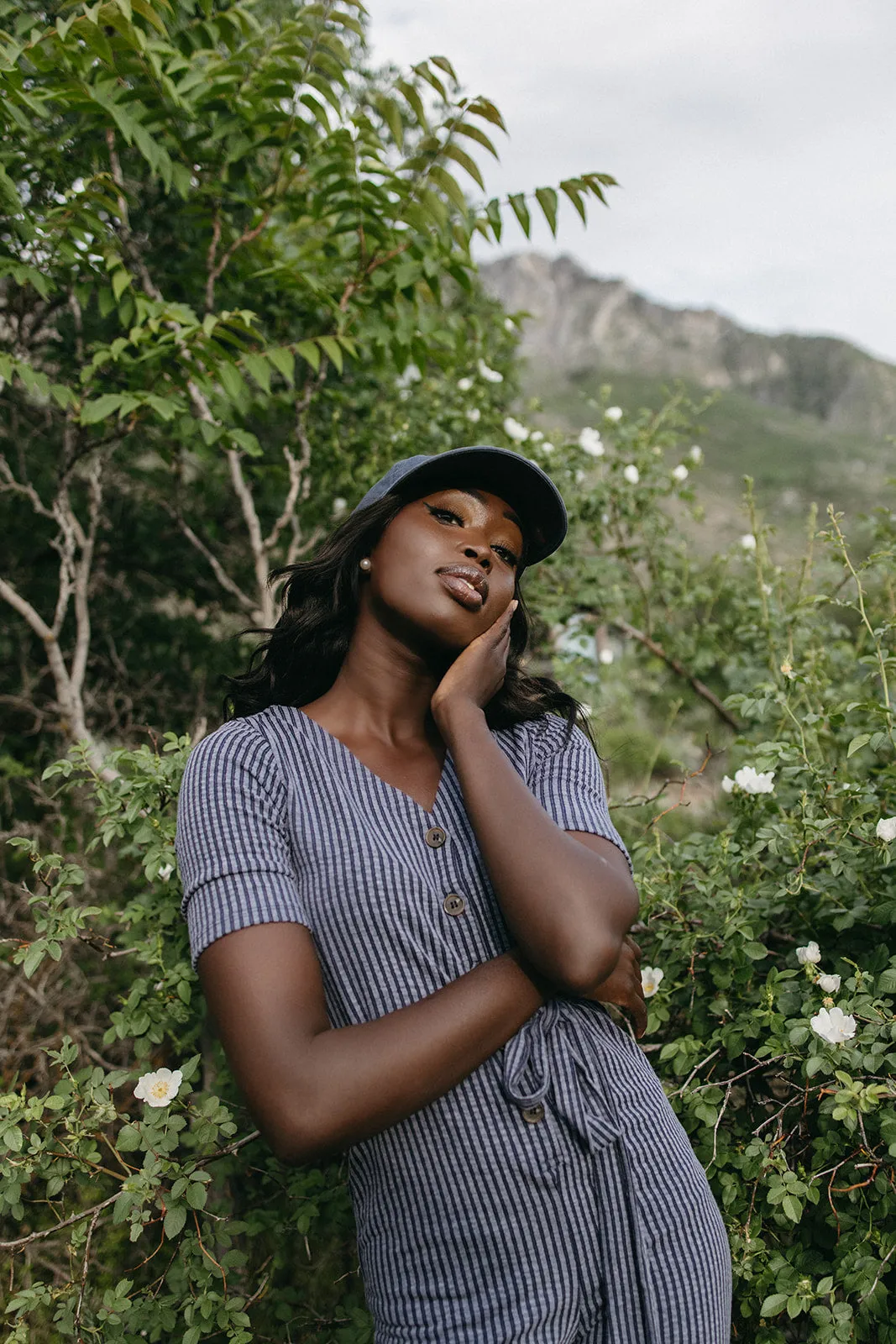 The Susan Belted Jumpsuit in Navy Stripe