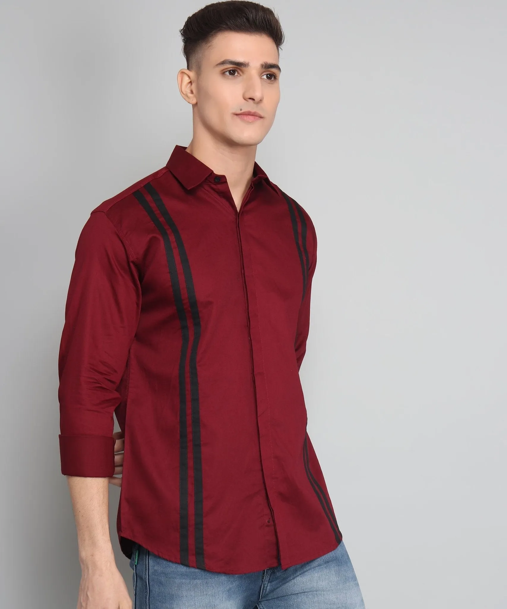 TryBuy Premium Maroon Colored Black Striped Cotton Button-Up Shirt For Men