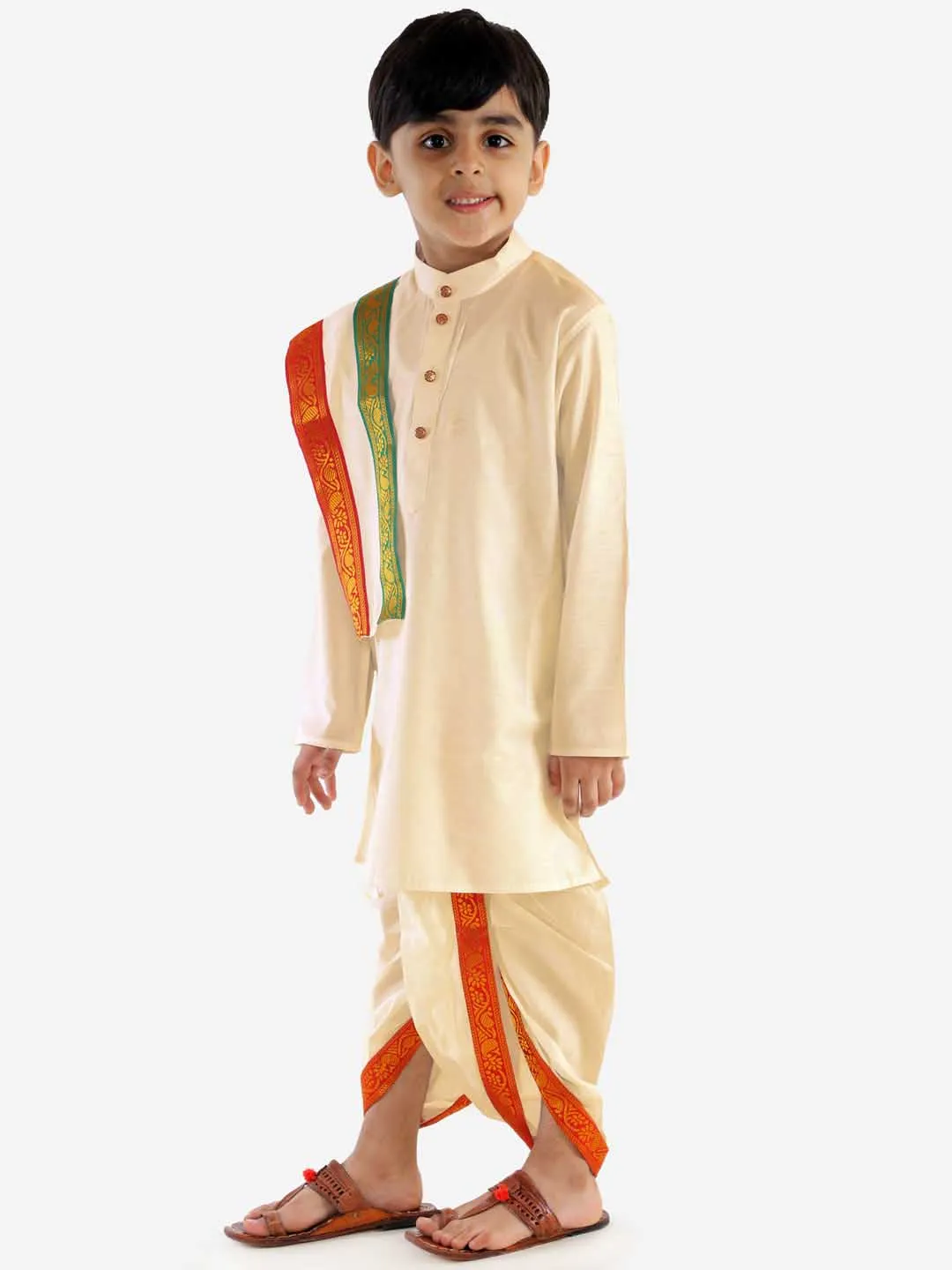 VASTRAMAY Boy's Cream Cotton Kurta Dhoti and Dupatta Set