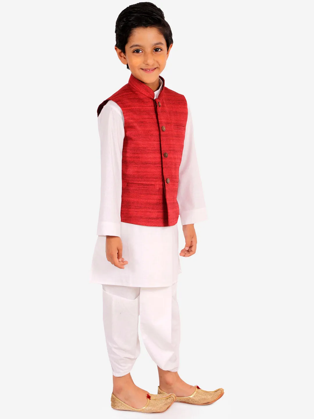 Vastramay Boy's Maroon And White Matka Silk Jacket, Kurta and Dhoti Set