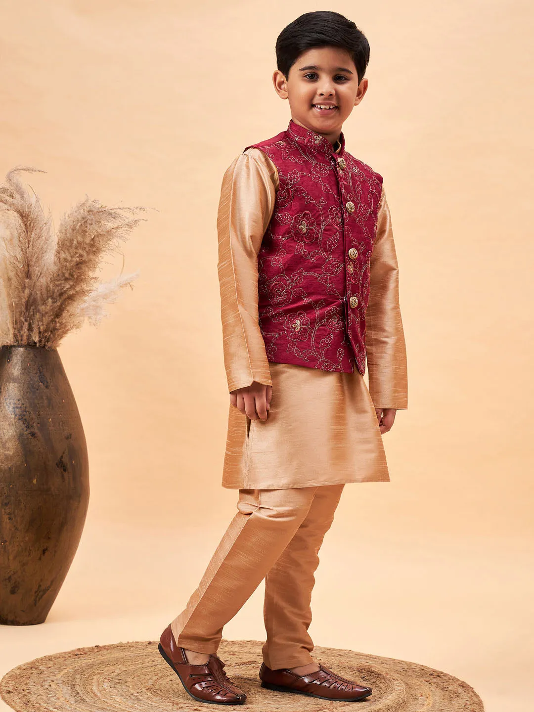 VASTRAMAY Boy's Maroon Woven Jacket With Rose Gold Kurta and Pyjama Set