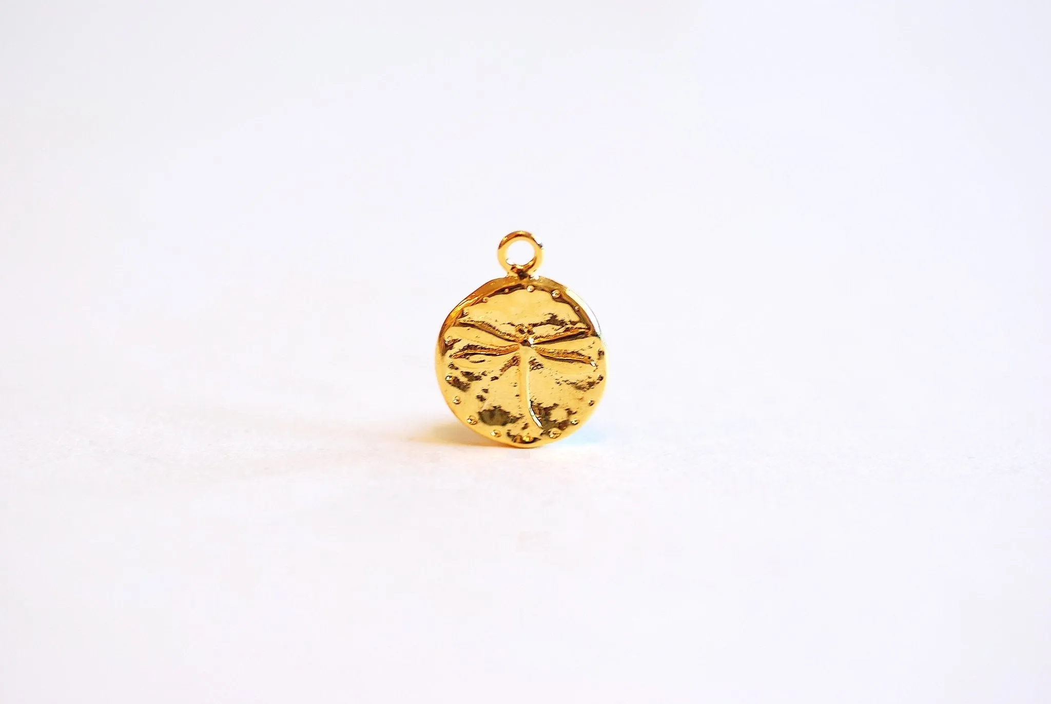 Vermeil Gold or Sterling Silver Dragon Fly Charm- 22k Gold plated over Sterling Silver, Dragonfly Circle Charm, Round Disc, Gold Coin, 407