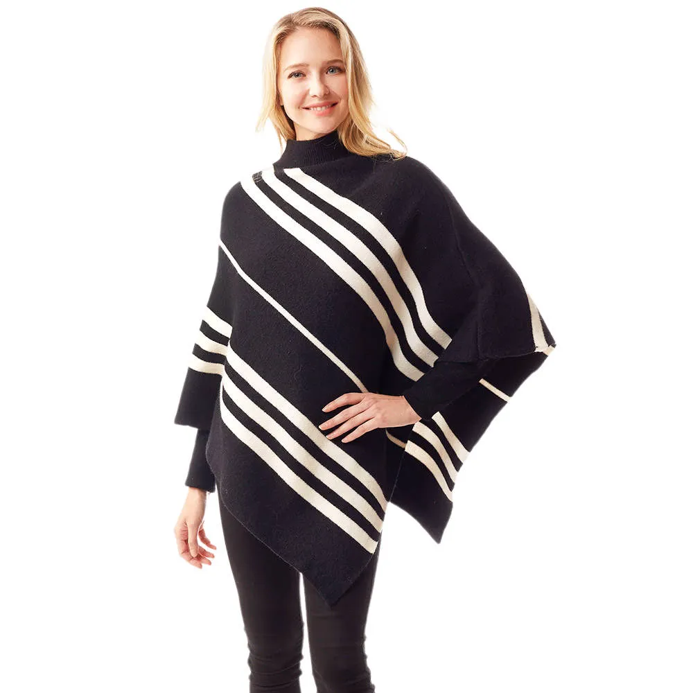 Vertical Striped Turtle Neck Poncho