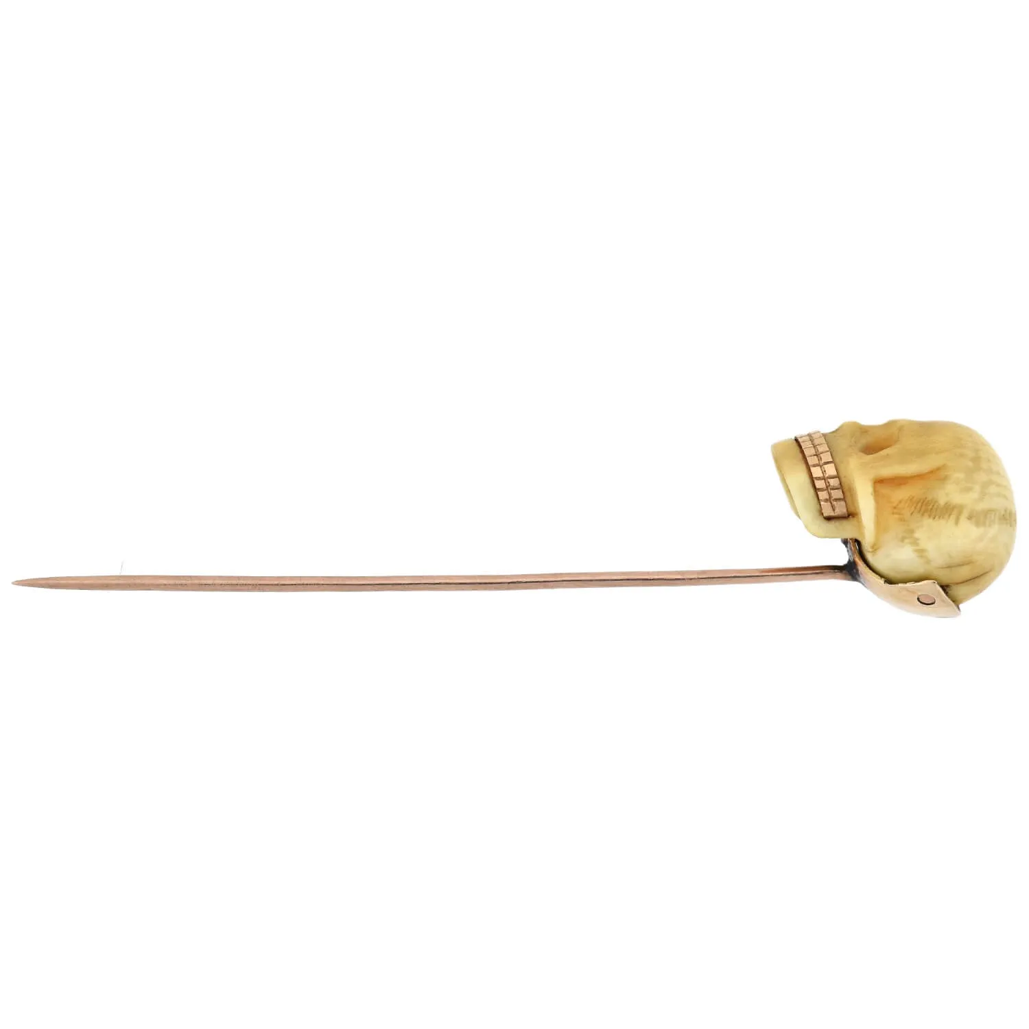 Victorian 14kt Hand Carved Ivory Skull Stickpin with Gold Teeth