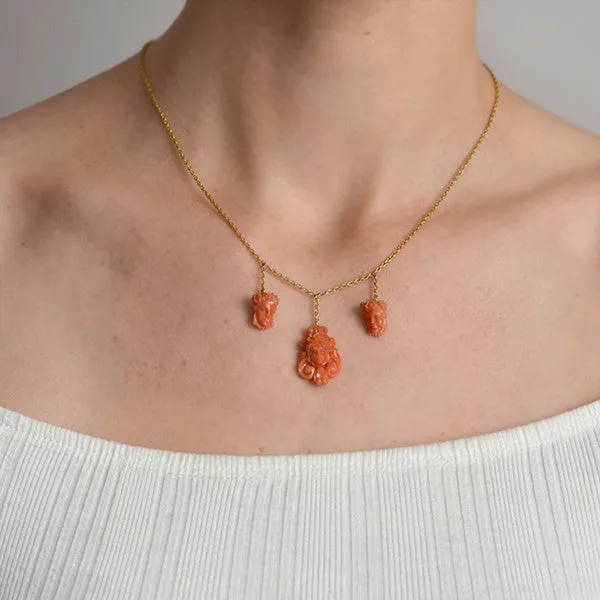 Victorian 14kt Natural Coral Carved Cameo Necklace