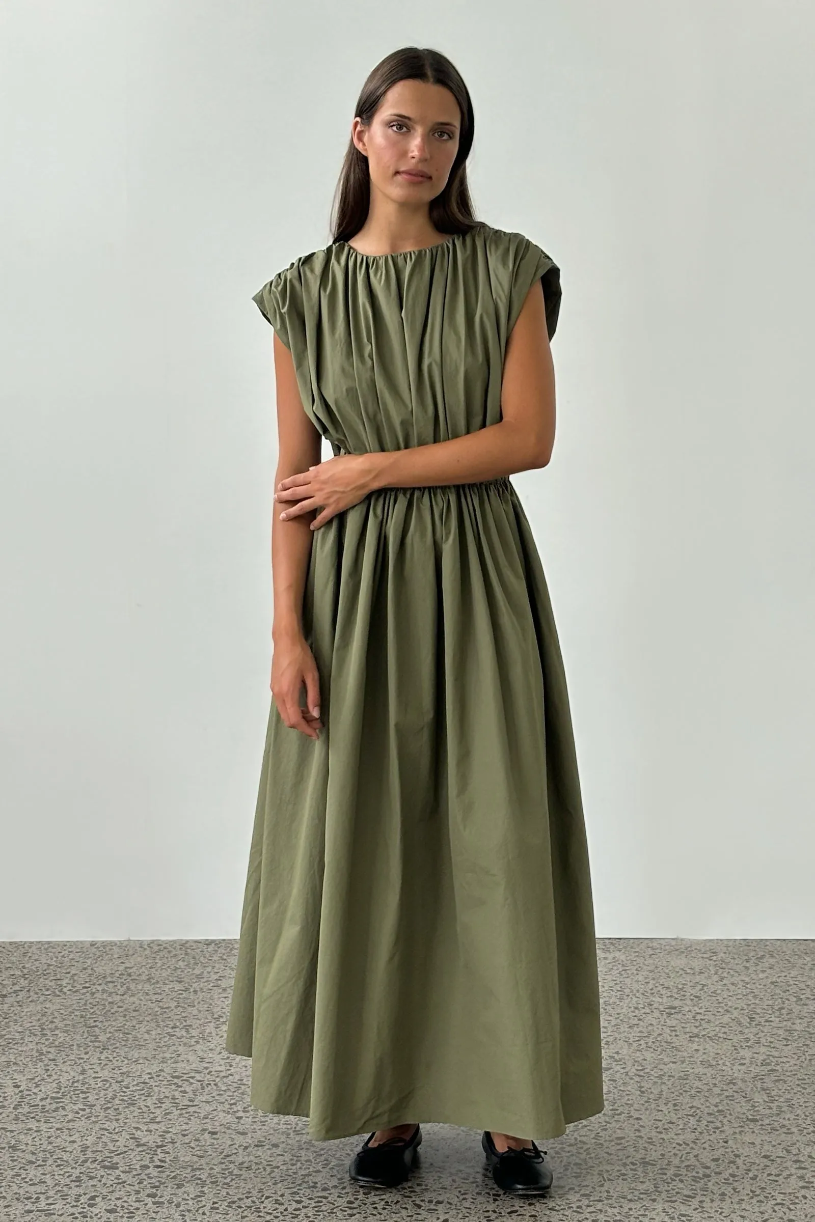 Vienna Gathered Dress in Olive