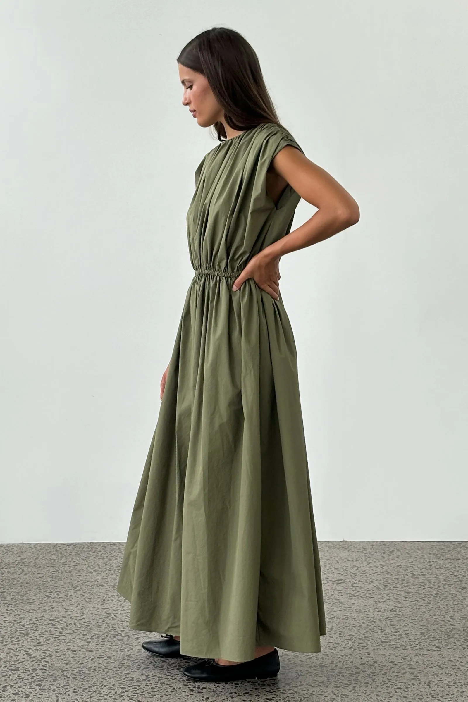 Vienna Gathered Dress in Olive