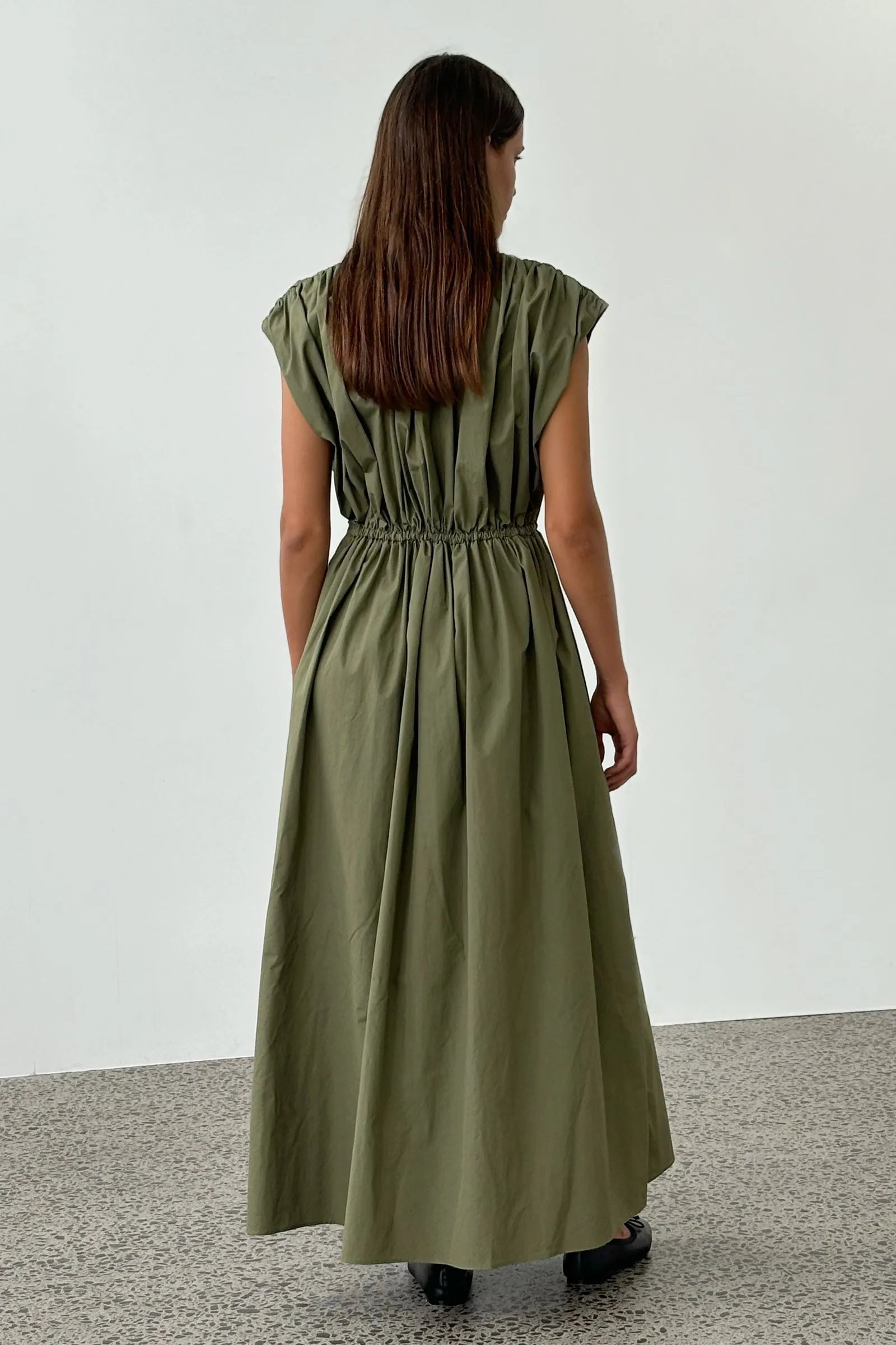 Vienna Gathered Dress in Olive