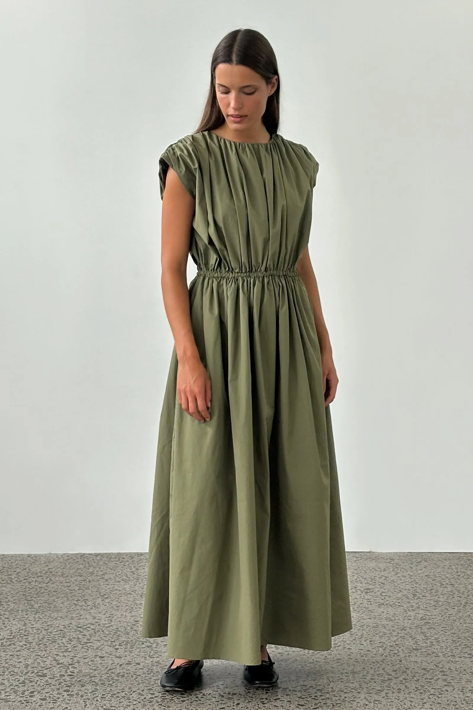 Vienna Gathered Dress in Olive