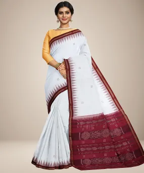 White maroon cotton handwoven nuapatna saree