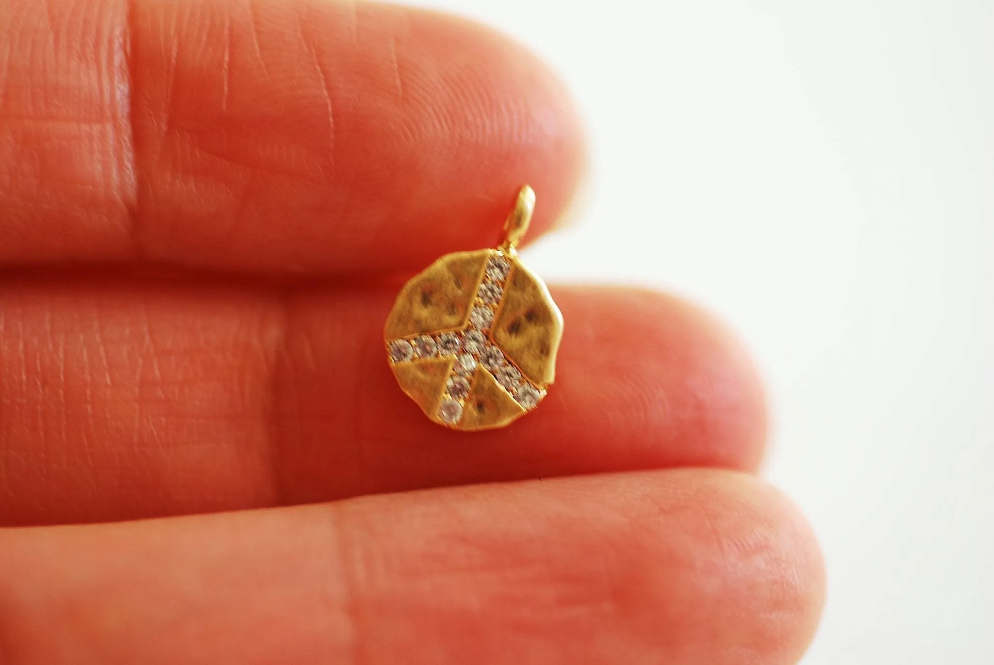 Wholesale Vermeil Gold 9mm Cubic Zirconia PEACE Charm- 22k Gold plated Sterling Silver, Micro Pave Charm, Disc attached Bail, Round Circle PEACE Charm