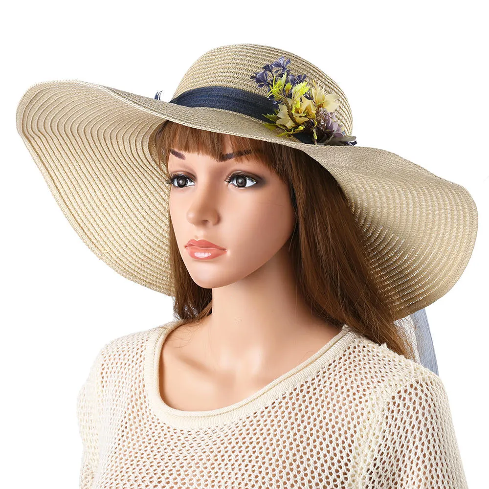 Women With String Foldable Flower Sunscreen Bucket Straw Hat Outdoor Casual Travel Beach Floppy Hat