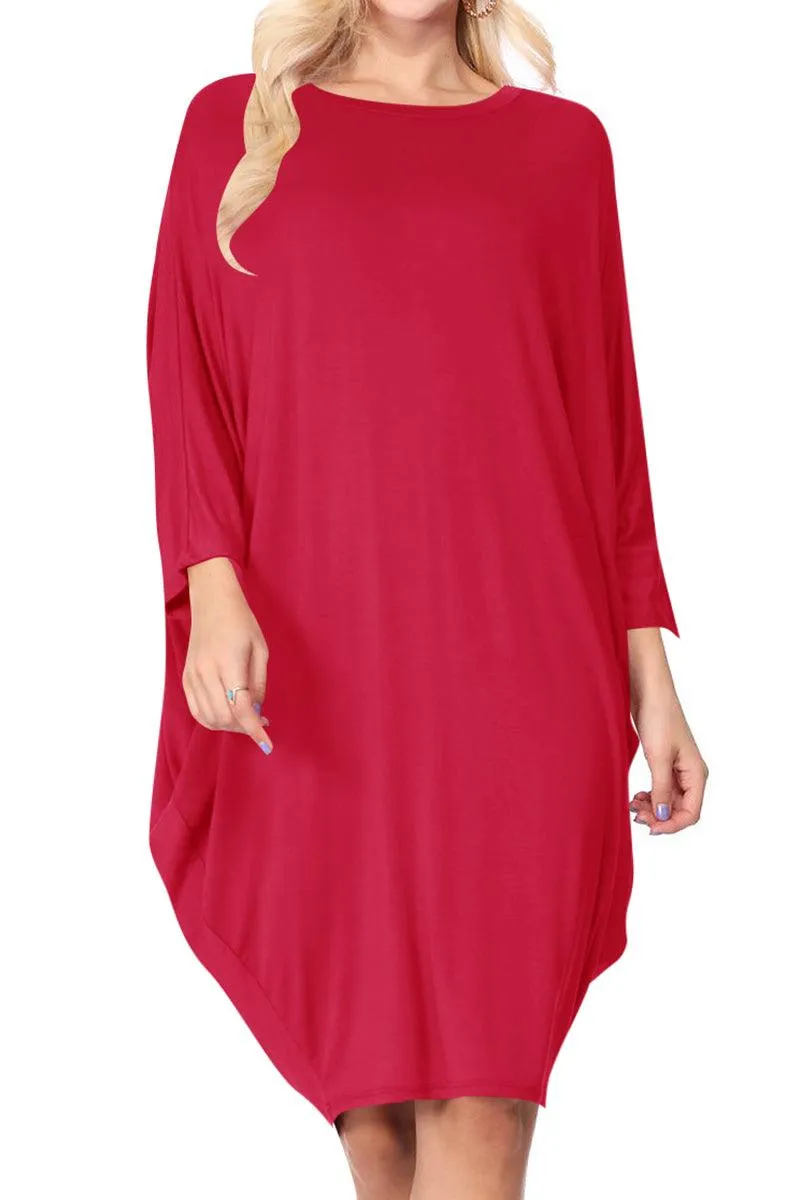 Women's Casual Loose Fit Long Sleeves Dolman Style Solid Midi Dress