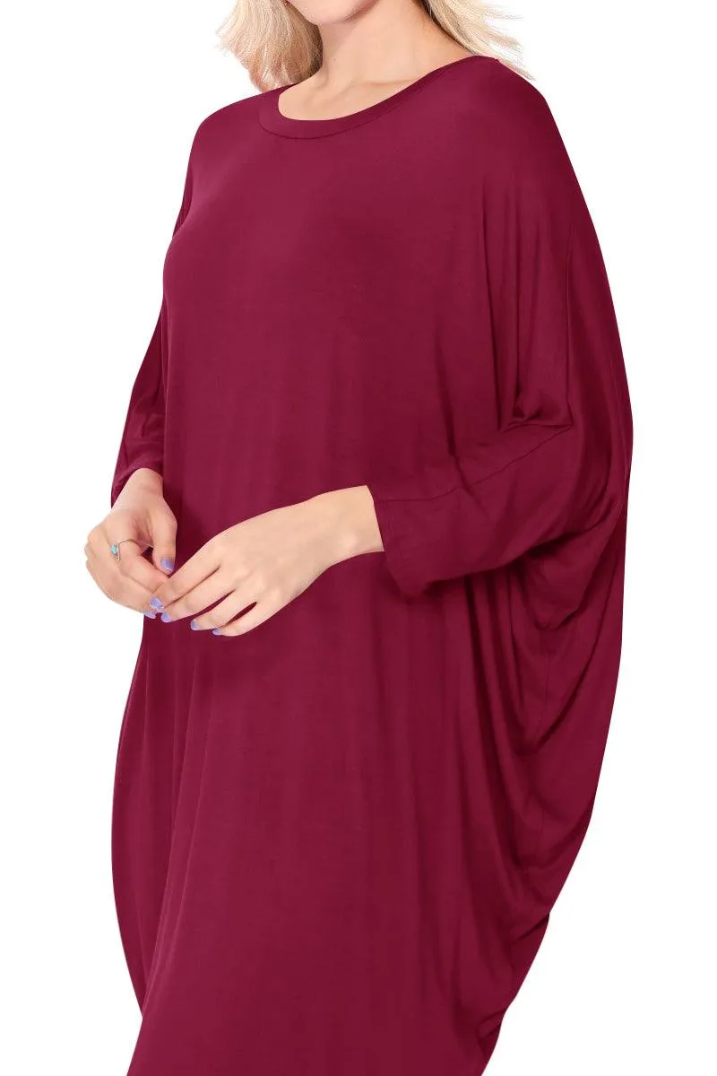 Women's Casual Loose Fit Long Sleeves Dolman Style Solid Midi Dress