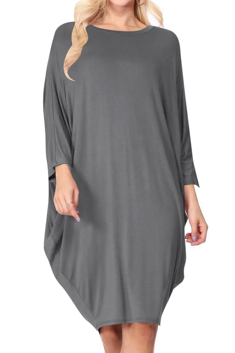 Women's Casual Loose Fit Long Sleeves Dolman Style Solid Midi Dress