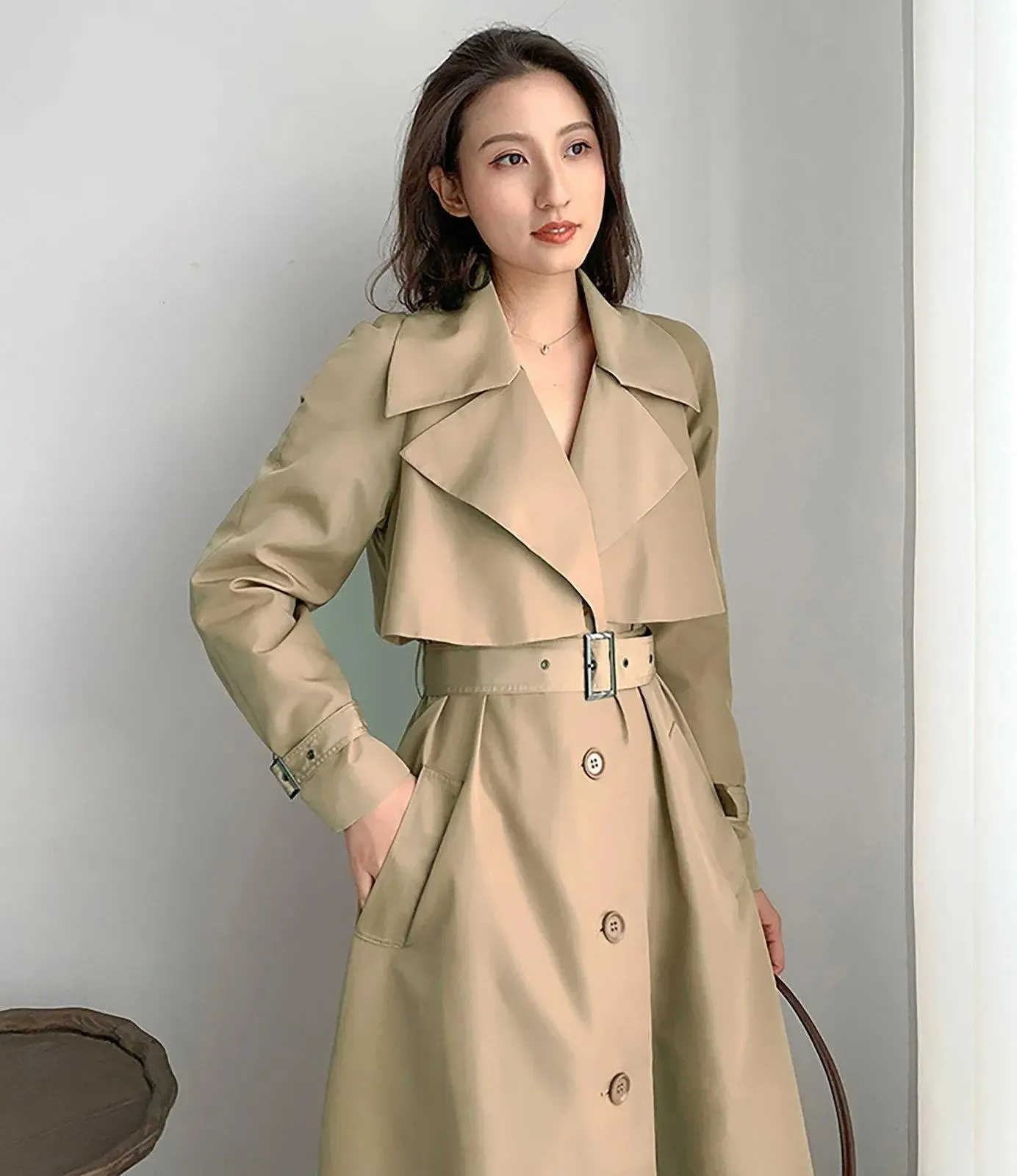 Women's khaki Cotton Blend Trench Coat,Belted Windbreaker Coat,Fall Coat Women,Beige trench coat,belt trench coat,Duster Coat,Vivian7 T103