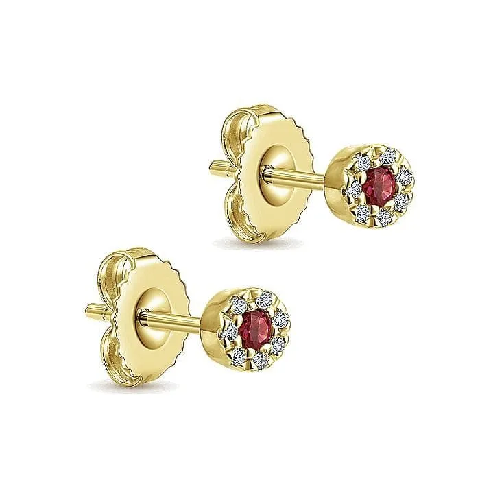 Yellow Gold Petite Ruby & Halo Diamond Stud Earrings