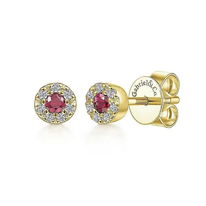 Yellow Gold Petite Ruby & Halo Diamond Stud Earrings